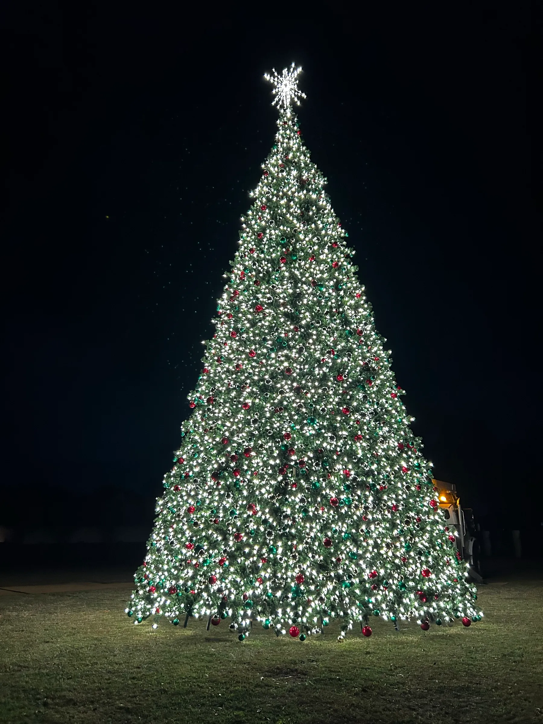 A tall manufactured commercial Christmas tree lit in warm white with red and green ornaments, standing on an open lawn at night.