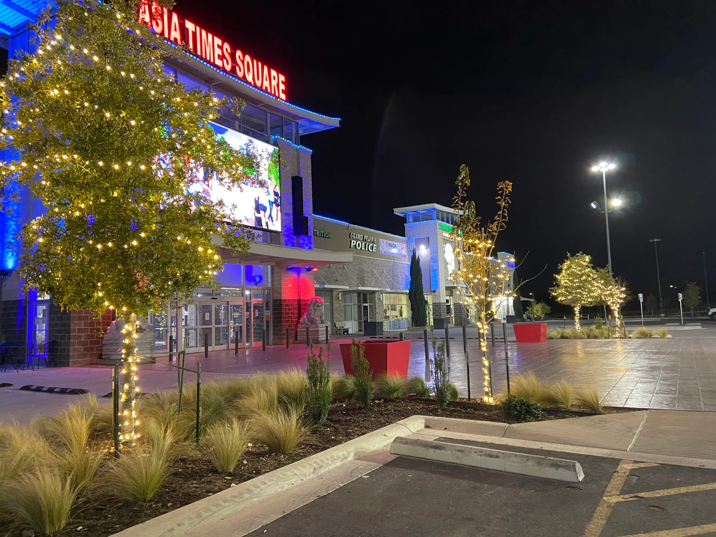Retail centre storefronts at night with parking island trees wrapped in warm white lights.